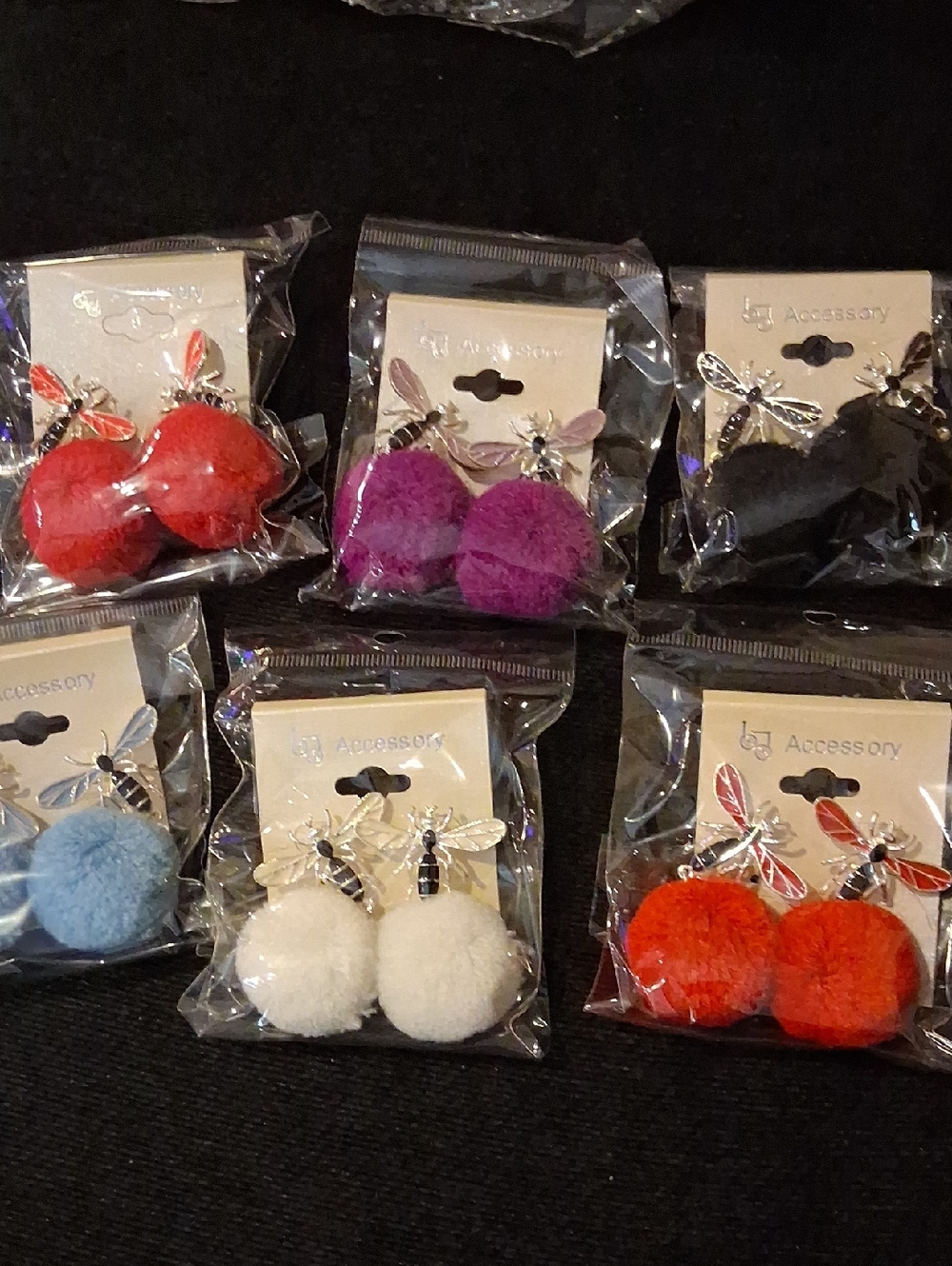 Pom Pom Bee Drop Earrings — Blue